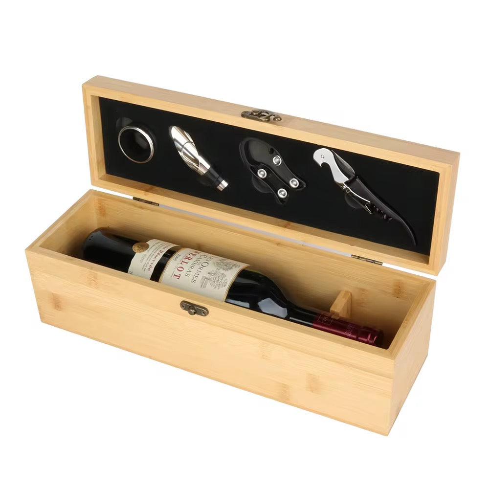 Eco-Luxury Bamboo Wine Gift Set | 5-Piece Bar Tool Kit with Corkscrew & Free Sustainable Custom Label
