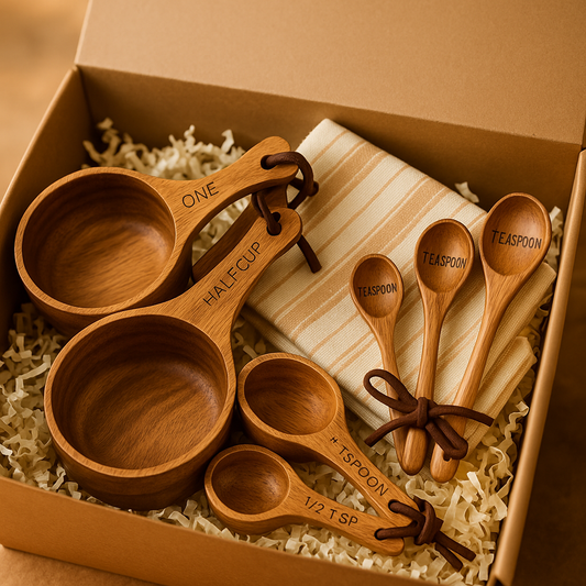 Rustic Wooden Kitchen Gift Set – Wooden Measuring Cups & Spoons with Cotton Kitchen Towel