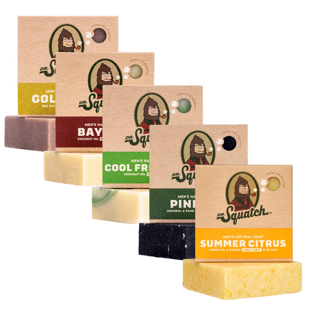 Dr. Squatch Natural Bar Soap for Men Variety Gift Set - Cold Process Soap No Harsh Chemicals - Rainforest Rapids, Coconut Castaway, Fresh Falls, Summer Citrus & Eucalyptus Greek Yogurt (5 oz, 5-Pack)