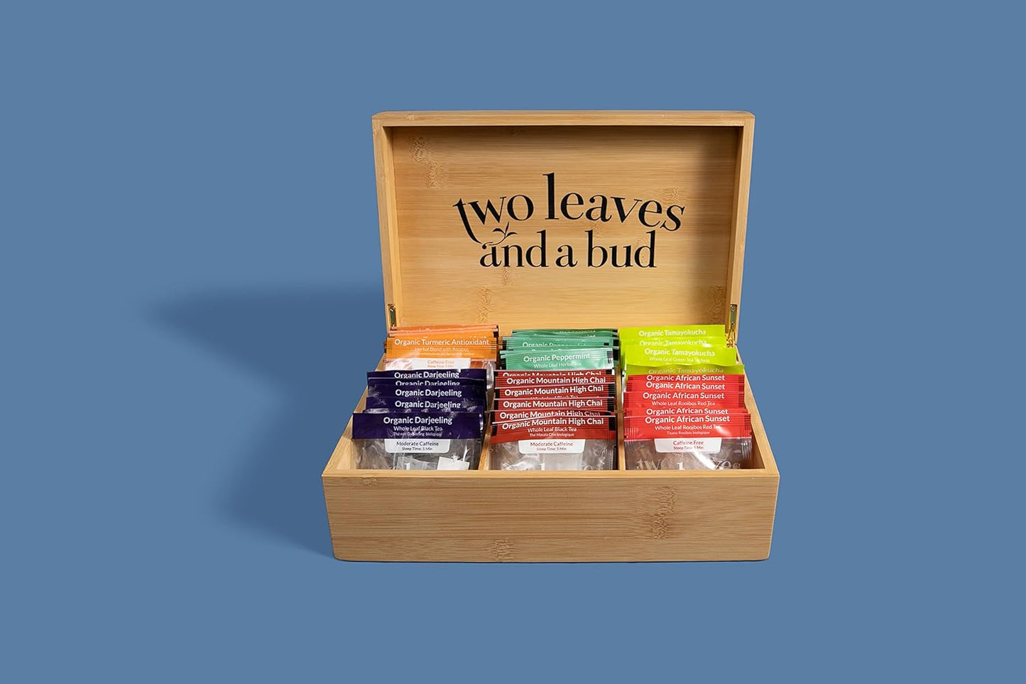 Two Leaves and a Bud Organic Tea Sampler in 6-Slot Bamboo Presentation Box - Filled Gift Box with Tea Assortment of Green, Black, and Herbal Teas
