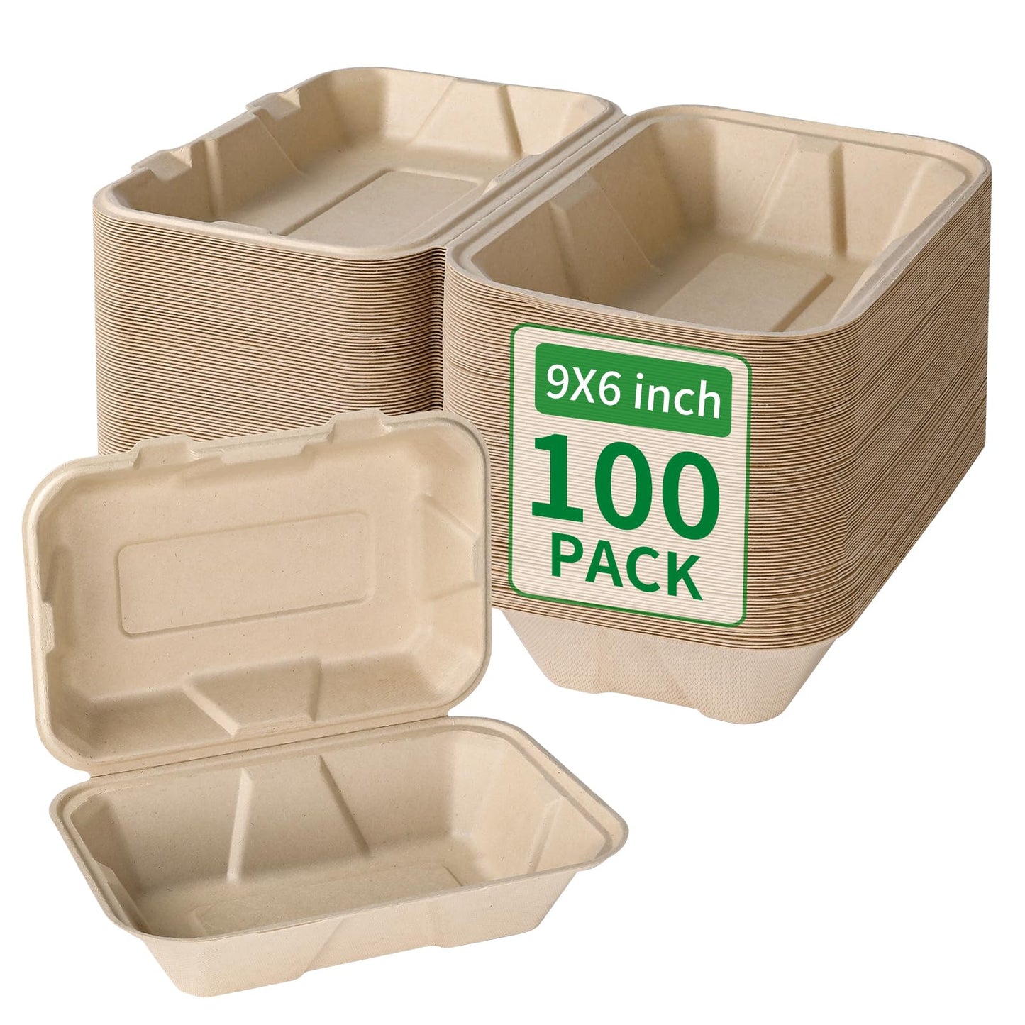 Aricsen 100 Pack 3 Compartment Compostable 8x9 Inch Takeout Lunch Box Containers with Lid To Go Take Out Clamshell for Food, Disposable Eco-Friendly Biodegradable Bagasse, PFAS-Free, Brown