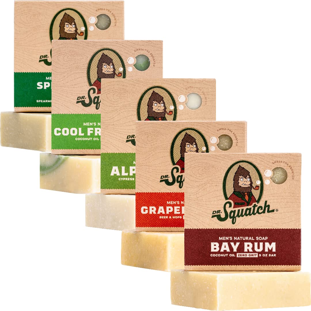 Dr. Squatch Natural Bar Soap for Men Variety Gift Set - Cold Process Soap No Harsh Chemicals - Rainforest Rapids, Coconut Castaway, Fresh Falls, Summer Citrus & Eucalyptus Greek Yogurt (5 oz, 5-Pack)