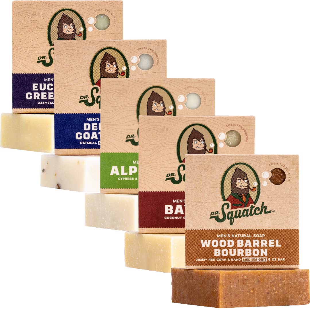 Dr. Squatch Natural Bar Soap for Men Variety Gift Set - Cold Process Soap No Harsh Chemicals - Rainforest Rapids, Coconut Castaway, Fresh Falls, Summer Citrus & Eucalyptus Greek Yogurt (5 oz, 5-Pack)