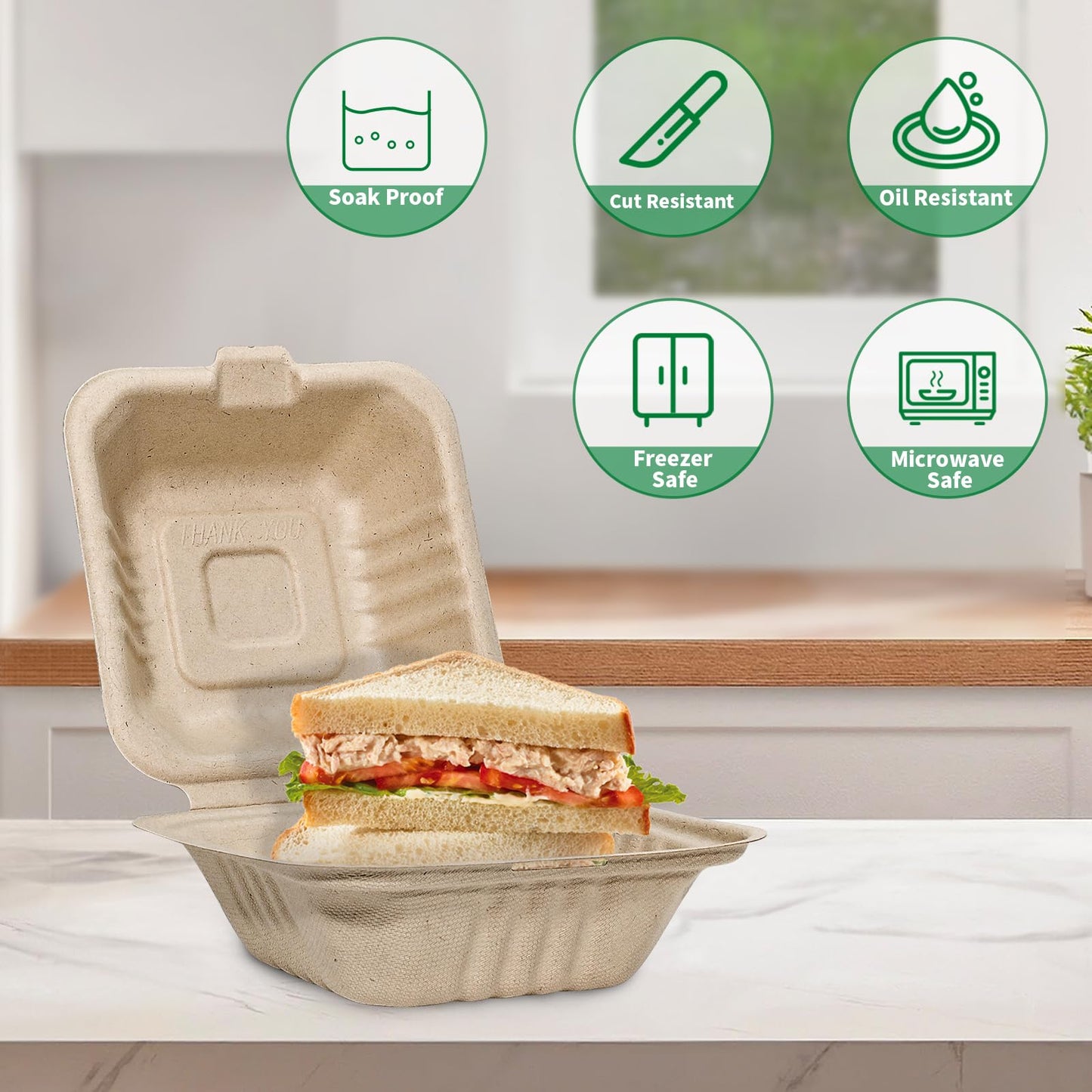 Aricsen 100 Pack 3 Compartment Compostable 8x9 Inch Takeout Lunch Box Containers with Lid To Go Take Out Clamshell for Food, Disposable Eco-Friendly Biodegradable Bagasse, PFAS-Free, Brown