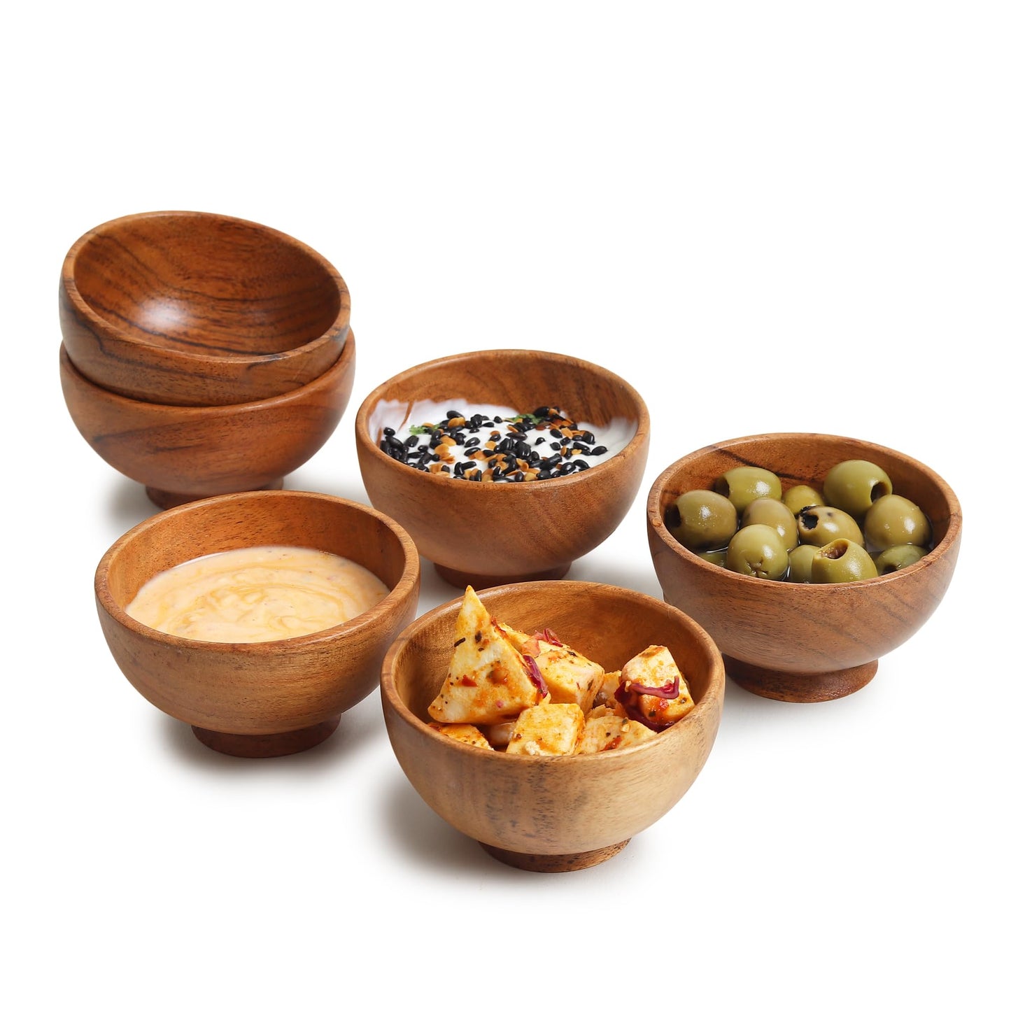 Set of 6 Acacia wood small bowls, 4 fl oz 3.2 * 2 inches | Hand carved small dipping bowls for sauce, salsa. Little bowls for ingredient prep, spices | Charcuterie boards accessories