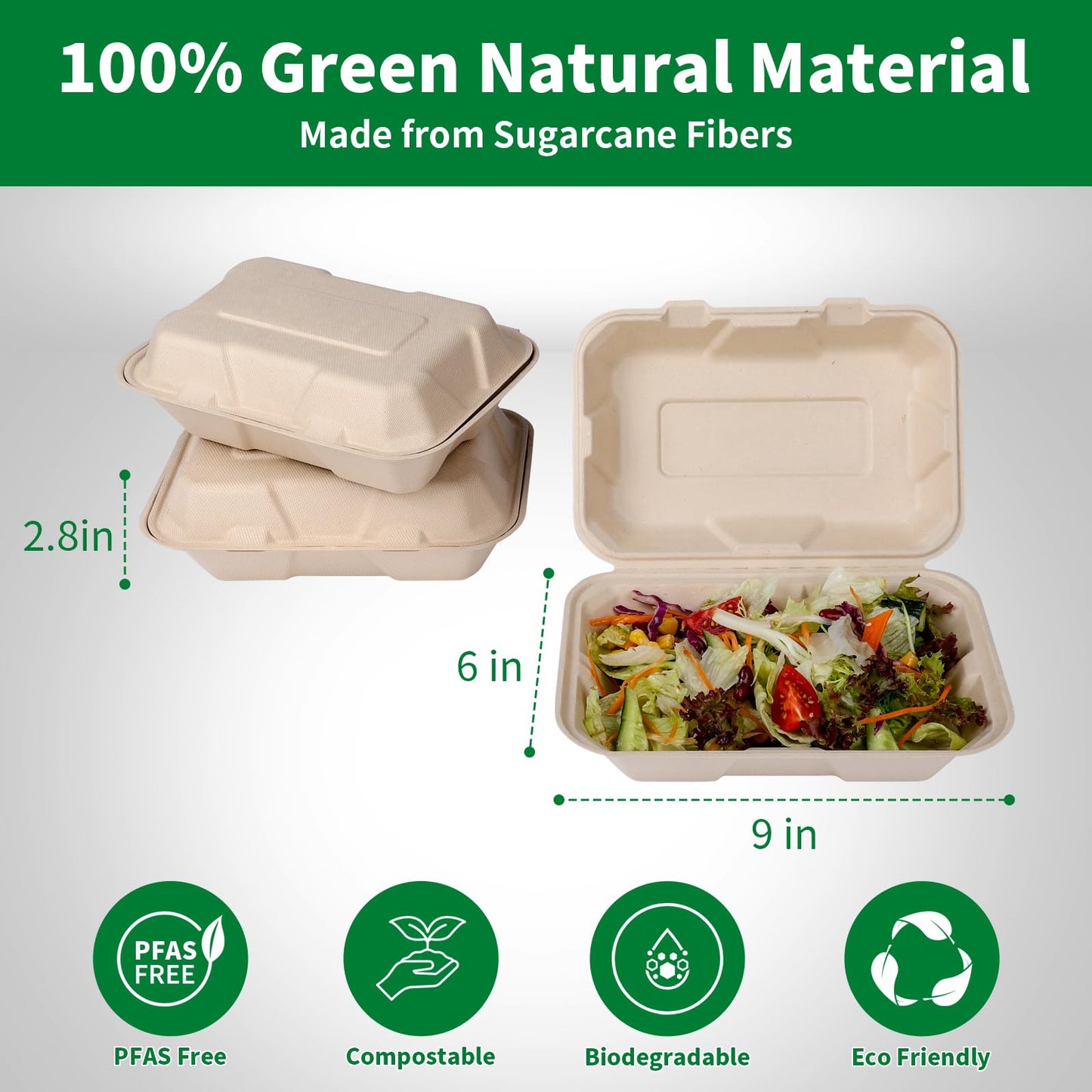 Aricsen 100 Pack 3 Compartment Compostable 8x9 Inch Takeout Lunch Box Containers with Lid To Go Take Out Clamshell for Food, Disposable Eco-Friendly Biodegradable Bagasse, PFAS-Free, Brown