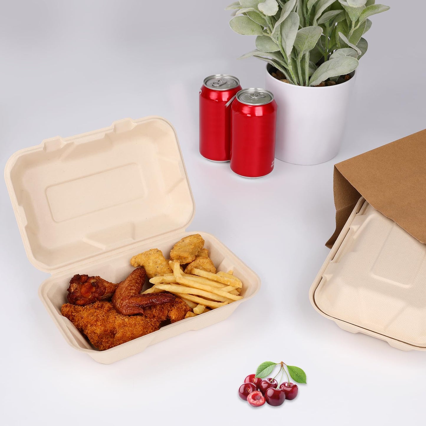 Aricsen 100 Pack 3 Compartment Compostable 8x9 Inch Takeout Lunch Box Containers with Lid To Go Take Out Clamshell for Food, Disposable Eco-Friendly Biodegradable Bagasse, PFAS-Free, Brown
