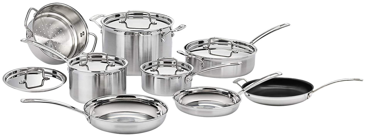 Cuisinart 12-Piece Cookware Set, MultiClad Pro Triple Ply Stainless Steel Cookware Set, Heat Surround Technology, Cool Grip Stick Handles, Oven Safe Up to 500°F, MCPS-12N, Silver