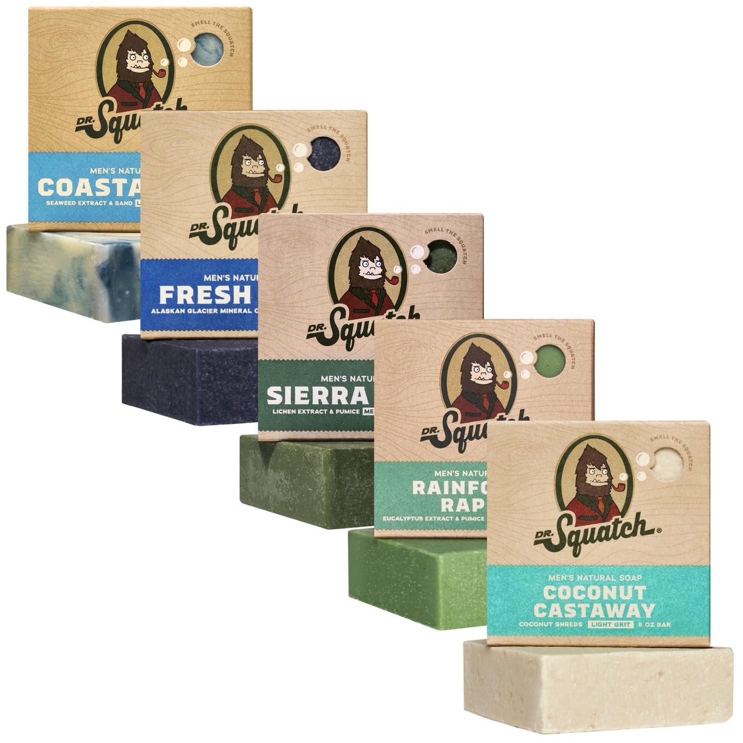 Dr. Squatch Natural Bar Soap for Men Variety Gift Set - Cold Process Soap No Harsh Chemicals - Rainforest Rapids, Coconut Castaway, Fresh Falls, Summer Citrus & Eucalyptus Greek Yogurt (5 oz, 5-Pack)