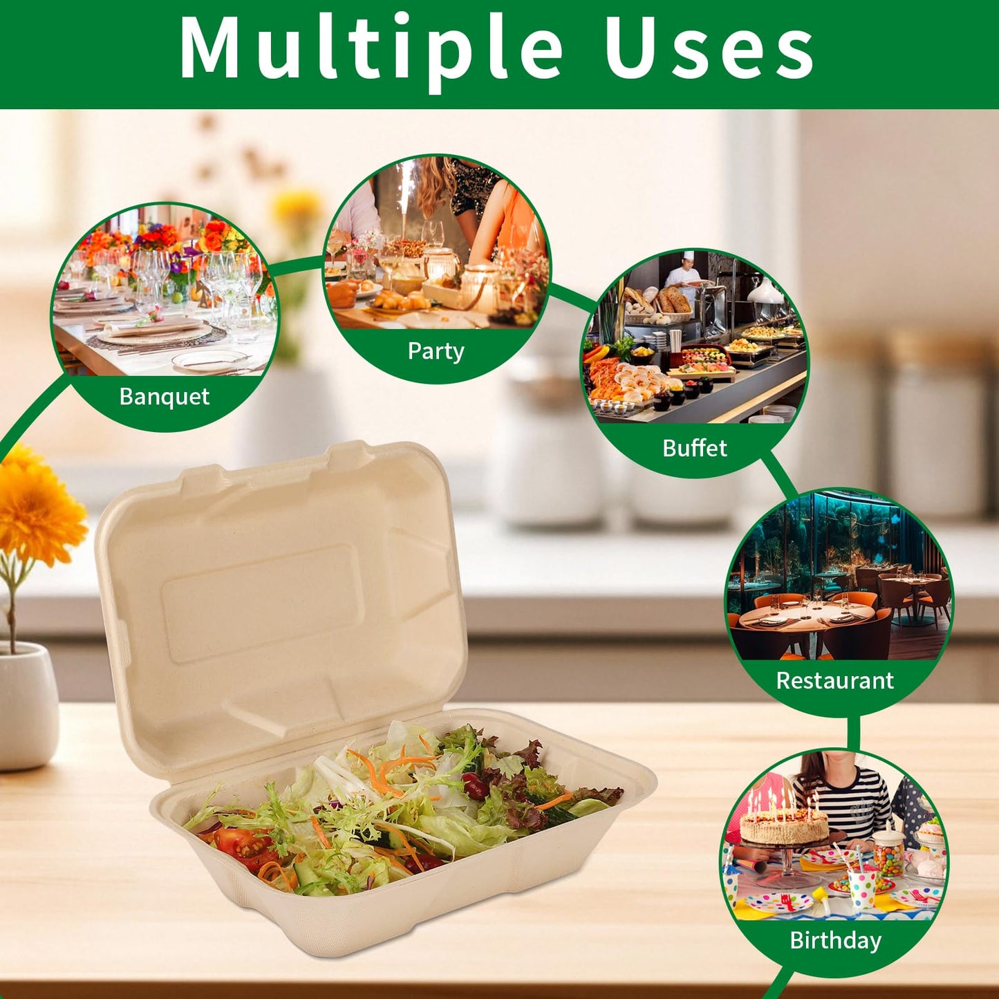 Aricsen 100 Pack 3 Compartment Compostable 8x9 Inch Takeout Lunch Box Containers with Lid To Go Take Out Clamshell for Food, Disposable Eco-Friendly Biodegradable Bagasse, PFAS-Free, Brown