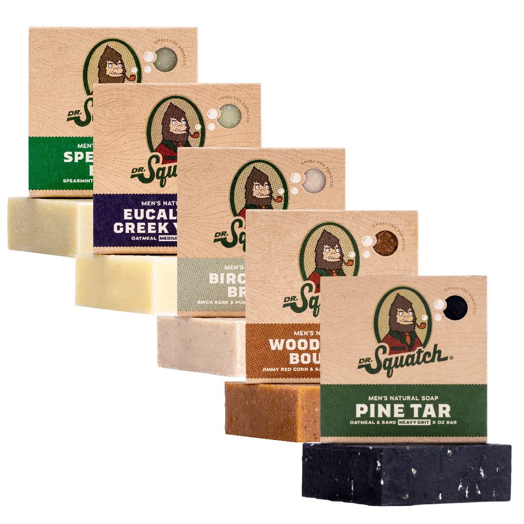 Dr. Squatch Natural Bar Soap for Men Variety Gift Set - Cold Process Soap No Harsh Chemicals - Rainforest Rapids, Coconut Castaway, Fresh Falls, Summer Citrus & Eucalyptus Greek Yogurt (5 oz, 5-Pack)