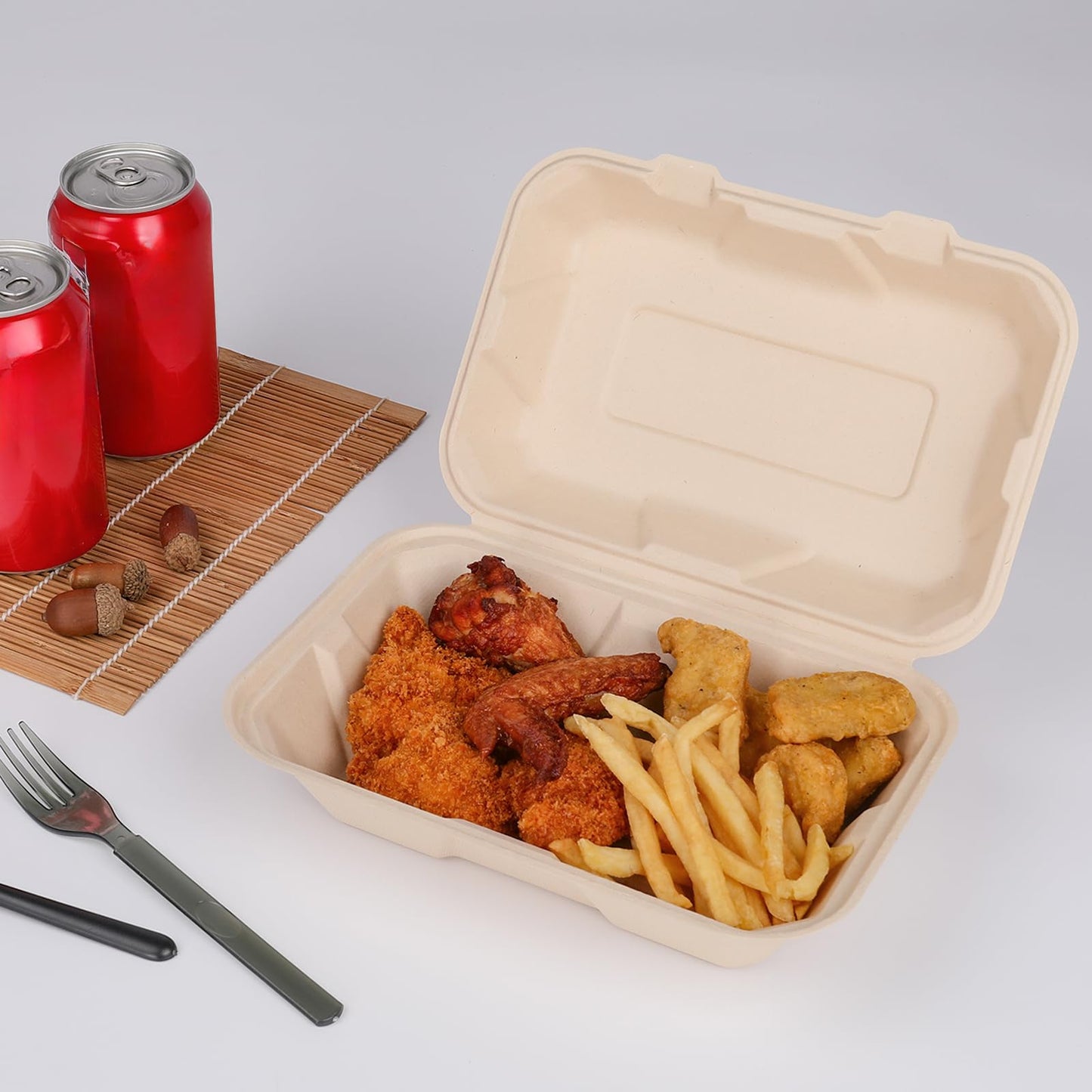 Aricsen 100 Pack 3 Compartment Compostable 8x9 Inch Takeout Lunch Box Containers with Lid To Go Take Out Clamshell for Food, Disposable Eco-Friendly Biodegradable Bagasse, PFAS-Free, Brown
