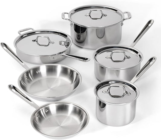 All-Clad D3 Stainless Steel Cookware Set - 10-Piece Pots and Pans Set, Induction, Oven Broiler Safe 600F - Includes Frying Pans, Saucepan, Sauté-Pan, Stockpot, Professional Cookware - Stainless Steel