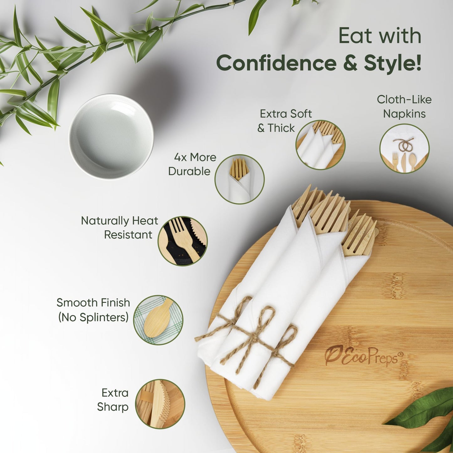 Premium Pre-Rolled Napkin and Bamboo Cutlery Set (30 Pack, 120 PCS) 100% Biodegradable, Eco-Friendly, Disposable Wrapped Cutlery - Includes Pre-Wrapped Bamboo Forks, Knives, Spoons, & Napkins