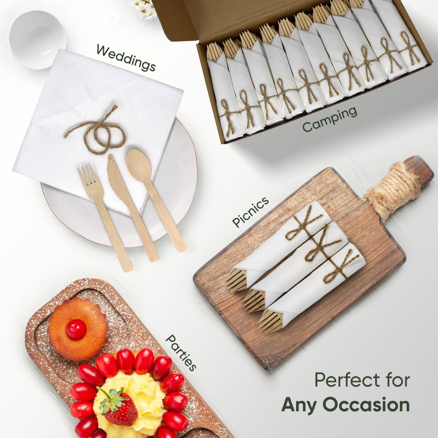 Premium Pre-Rolled Napkin and Bamboo Cutlery Set (30 Pack, 120 PCS) 100% Biodegradable, Eco-Friendly, Disposable Wrapped Cutlery - Includes Pre-Wrapped Bamboo Forks, Knives, Spoons, & Napkins