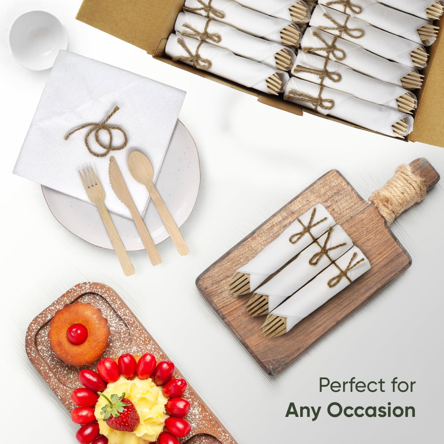 Premium Pre-Rolled Napkin and Bamboo Cutlery Set (30 Pack, 120 PCS) 100% Biodegradable, Eco-Friendly, Disposable Wrapped Cutlery - Includes Pre-Wrapped Bamboo Forks, Knives, Spoons, & Napkins