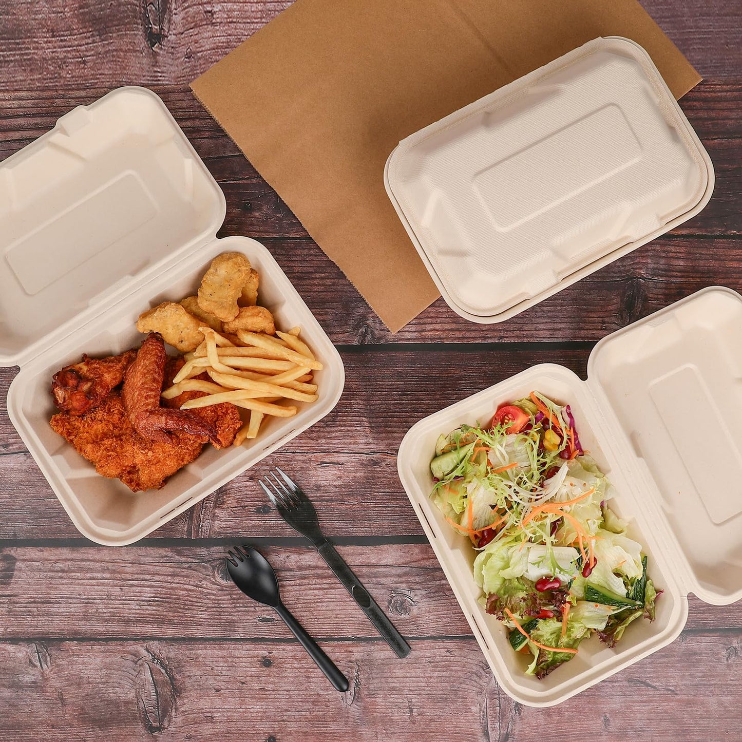 Aricsen 100 Pack 3 Compartment Compostable 8x9 Inch Takeout Lunch Box Containers with Lid To Go Take Out Clamshell for Food, Disposable Eco-Friendly Biodegradable Bagasse, PFAS-Free, Brown