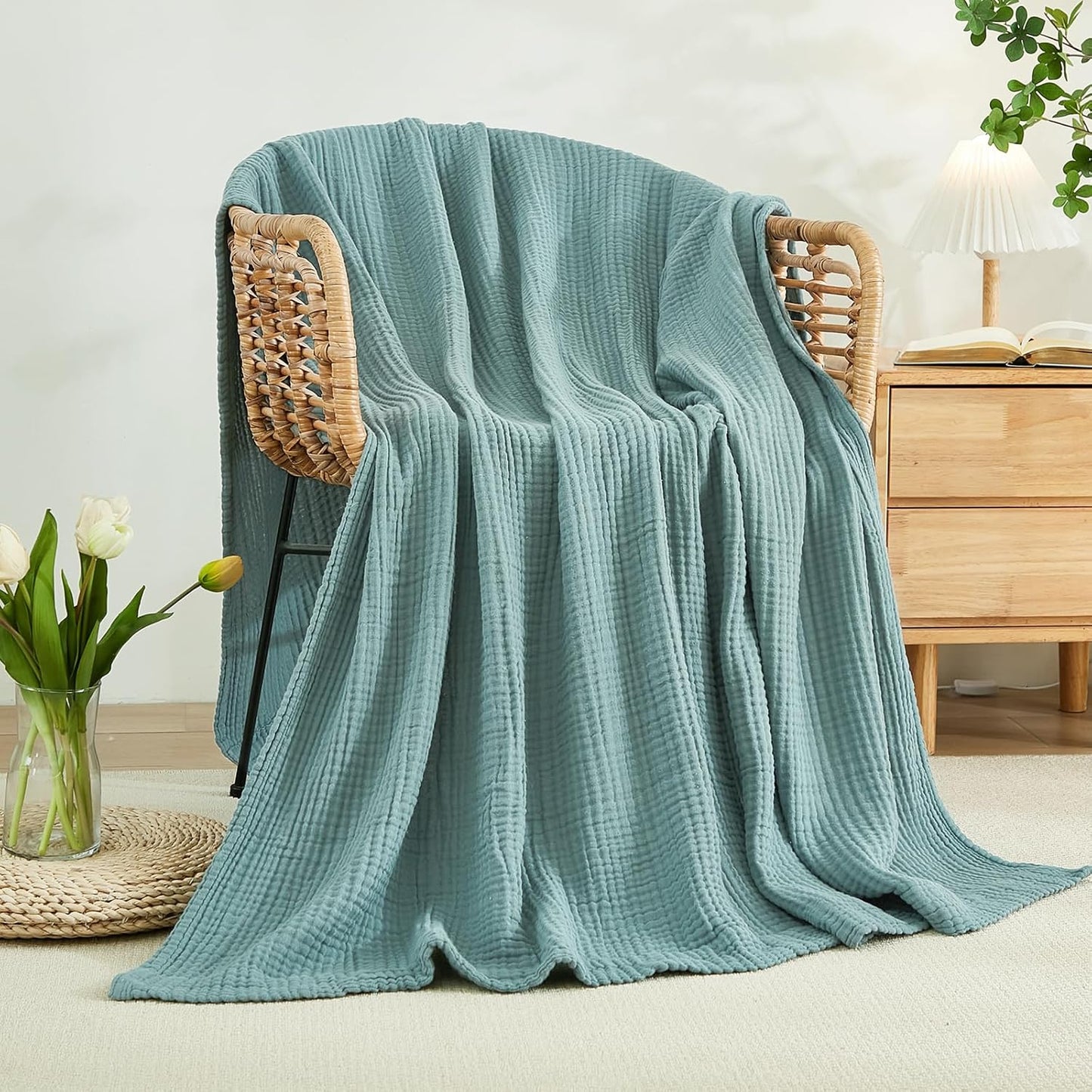EMME Muslin Throw Blanket 100% Cotton Blankets for Couch Breathable Gauze All Season Soft and Lightweight Pre-Washed (Teal, 50"x70")