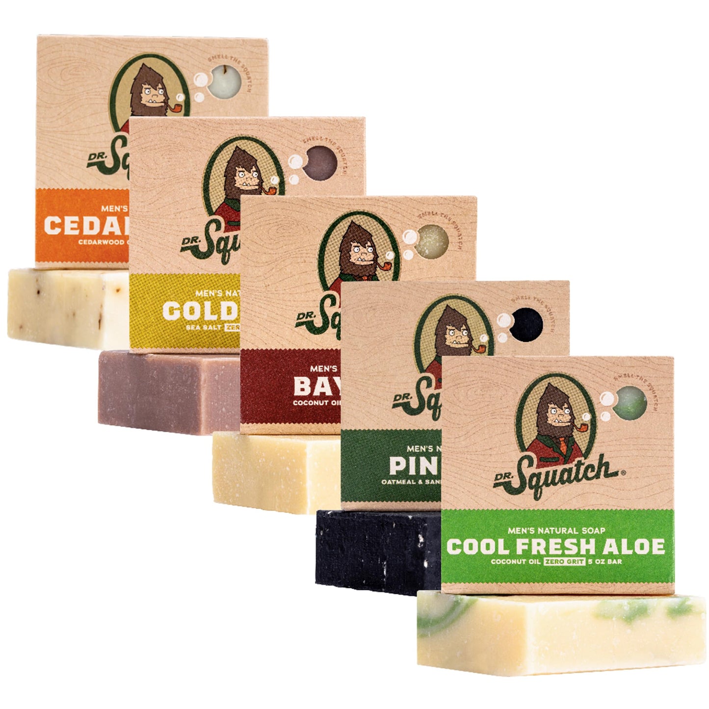 Dr. Squatch Natural Bar Soap for Men Variety Gift Set - Cold Process Soap No Harsh Chemicals - Rainforest Rapids, Coconut Castaway, Fresh Falls, Summer Citrus & Eucalyptus Greek Yogurt (5 oz, 5-Pack)