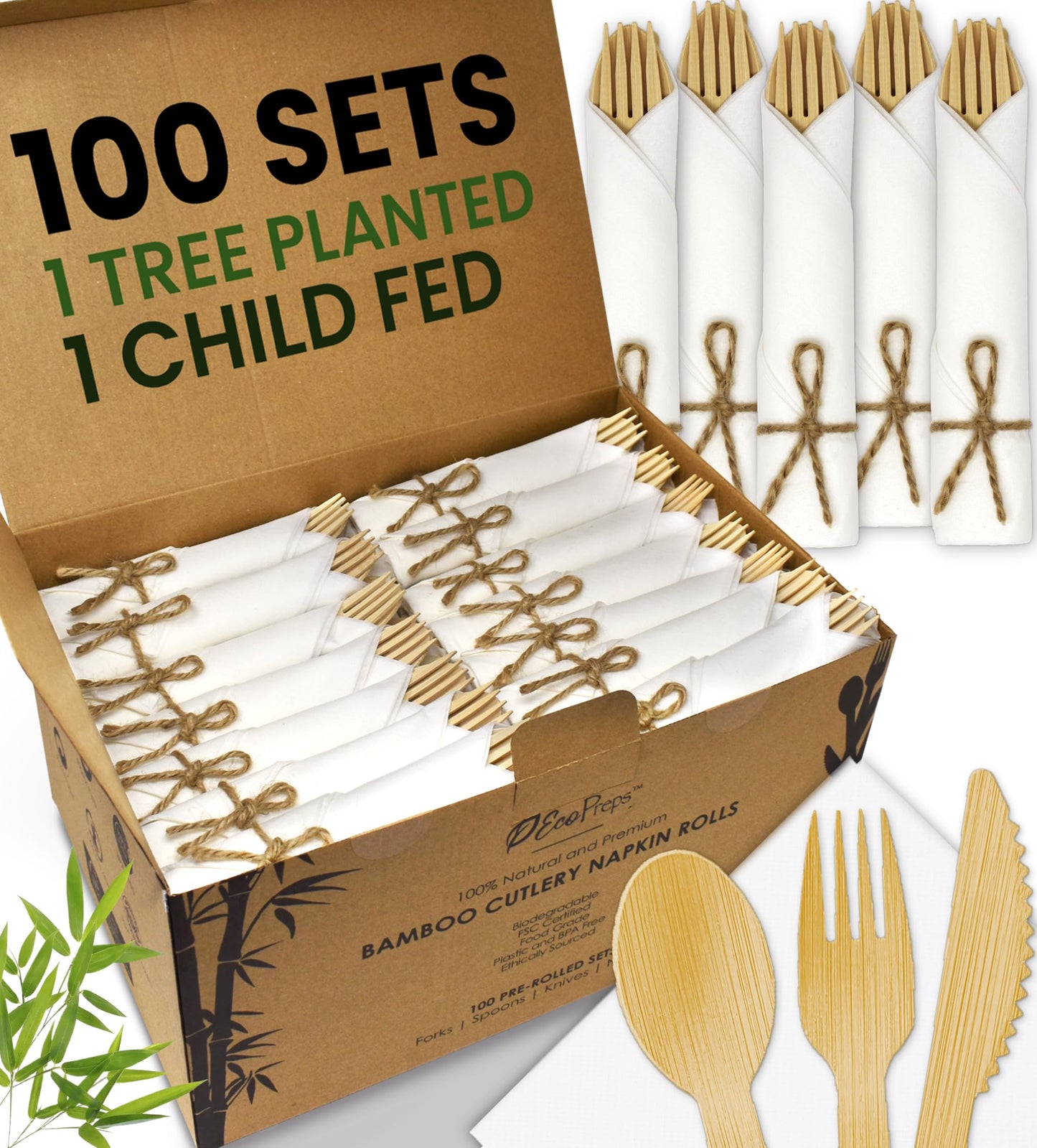 Premium Pre-Rolled Napkin and Bamboo Cutlery Set (30 Pack, 120 PCS) 100% Biodegradable, Eco-Friendly, Disposable Wrapped Cutlery - Includes Pre-Wrapped Bamboo Forks, Knives, Spoons, & Napkins