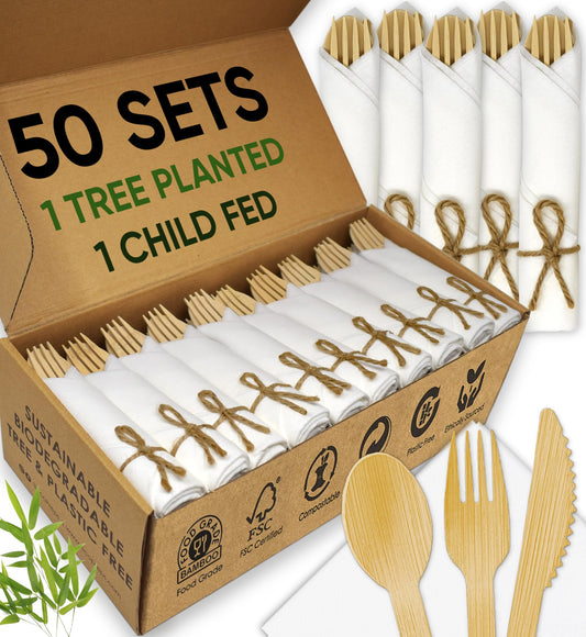 Premium Pre-Rolled Napkin and Bamboo Cutlery Set (30 Pack, 120 PCS) 100% Biodegradable, Eco-Friendly, Disposable Wrapped Cutlery - Includes Pre-Wrapped Bamboo Forks, Knives, Spoons, & Napkins