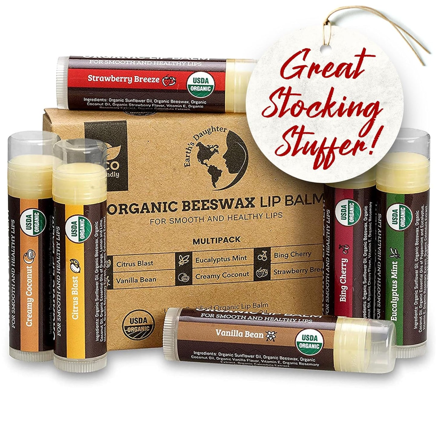 Earth's Daughter USDA Organic Lip Balm 6-Pack - Fruit Flavors, Beeswax, Coconut Oil, Vitamin E - Best Lip Repair Chapstick for Dry Cracked Lips - Moisturizing Lip Care