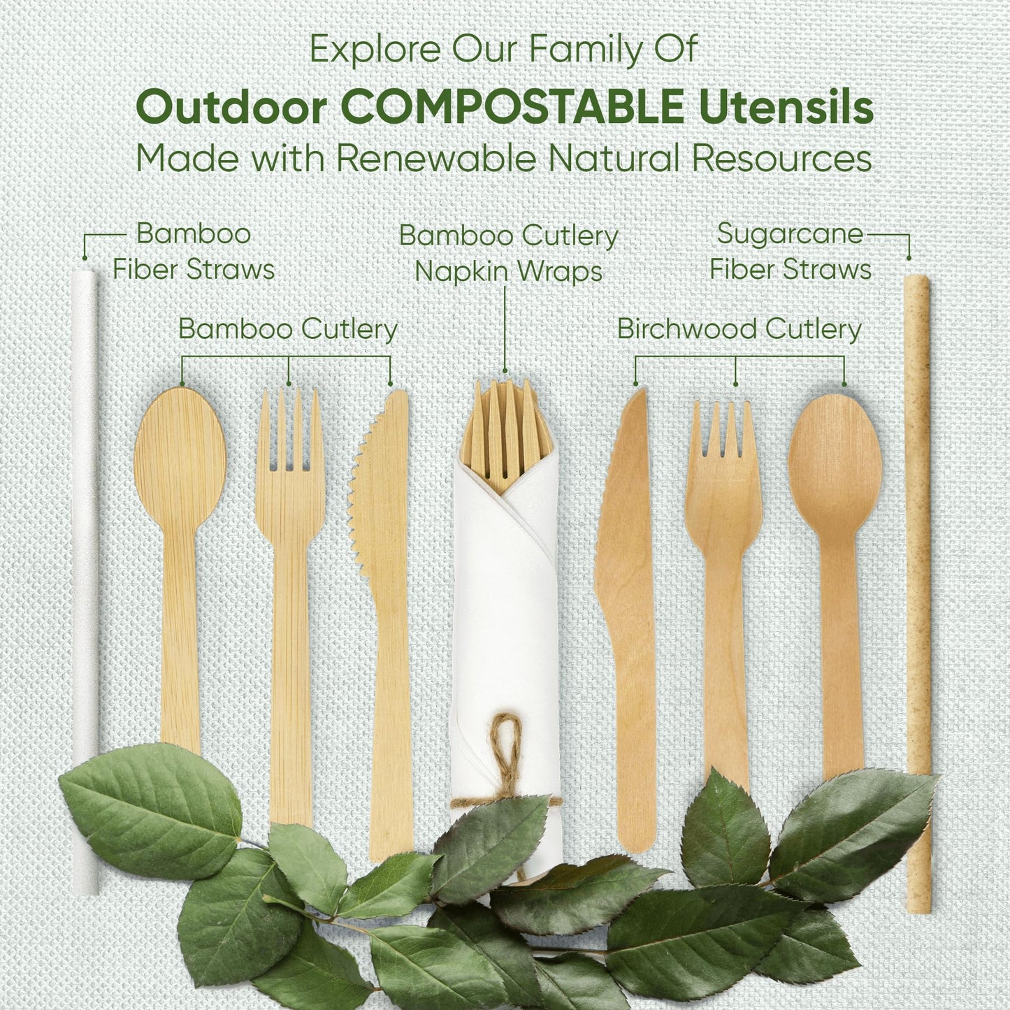 Premium Pre-Rolled Napkin and Bamboo Cutlery Set (30 Pack, 120 PCS) 100% Biodegradable, Eco-Friendly, Disposable Wrapped Cutlery - Includes Pre-Wrapped Bamboo Forks, Knives, Spoons, & Napkins