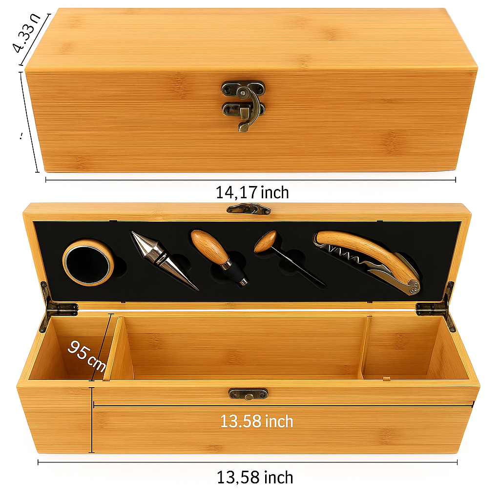 Eco-Luxury Bamboo Wine Gift Set | 5-Piece Bar Tool Kit with Corkscrew & Free Sustainable Custom Label