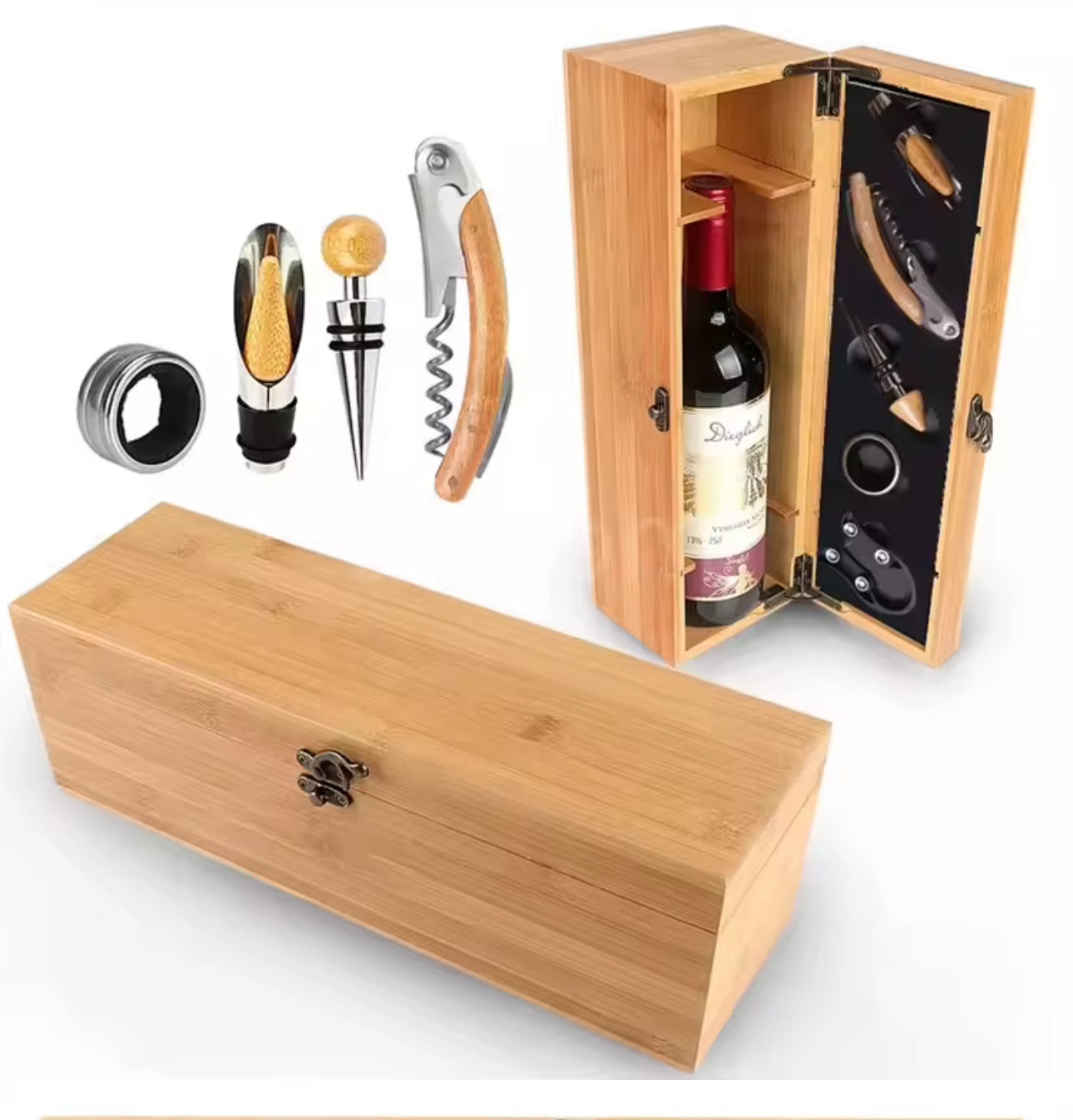 Eco-Luxury Bamboo Wine Gift Set | 5-Piece Bar Tool Kit with Corkscrew & Free Sustainable Custom Label
